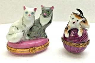 2 Cute Limoges France Vintage Hand Painted Porcelain Cat / Kitten Trinket Boxes