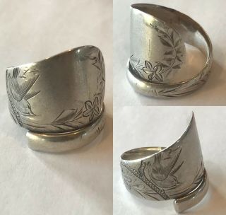 Vintage Sterling Silver Etched Flower Bird Spoon Wrap 925 Ring Sz 9