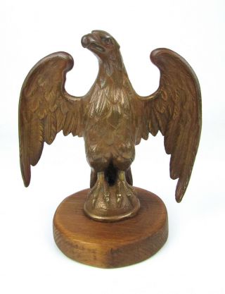 Vintage Brass Federal Eagle Flag Post Top Topper Usa Sculpture W/ Wood Base