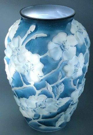 Vintage Phoenix Sculptured Art Glass Vase - Wild Rose Blue Wash