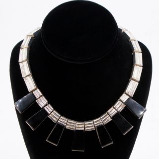 Vtg Sterling Silver - Mexico Taxco Onyx Bib 15.  5 " Link Heavy Necklace - 243.  5g