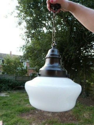 Rare Antique Vintage Opaque Glass Copper Gallery&hook Ceiling Light By Siemens.