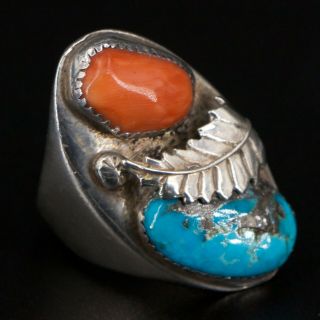 Vtg Sterling Silver Navajo Turquoise Coral Feather Men 