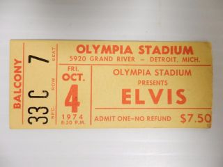 Vintage 1974 Elvis Concert Ticket,  Olympia Stadium,  Detroit,  Michigan,  E5