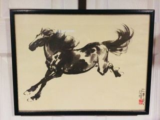 Vintage Chinese Brush Ink Watercolor Horse Painting With Artist