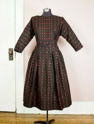 Vtg 1940s 50s Marcy Lee Dallas Long Sleeve Cotton Red Rose Fit Flare Dress Large