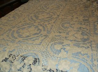 Antique Needle Lace Banquet Tablecloth Floral Design 11 Napkins Unwashed