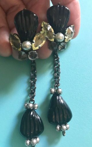 Vintage Schreiner Inverted Citrine,  Carved Onyx & Bulb Pearl Drop Earrings Rare