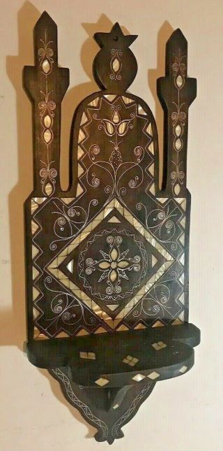 19th C.  Antique Anglo Indian Inlaid Shelf Mother Of Pearl & Silver Wire