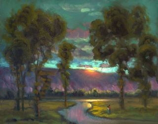 Oil Painting Landscape Vintage Art Signed Impressionist Sunset Love Max Cole