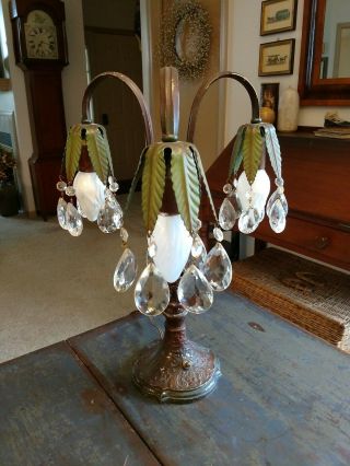 Antique Art Deco Enamel Cast Metal Trumpet Table Lamp Glass Prisms Rare Vintage