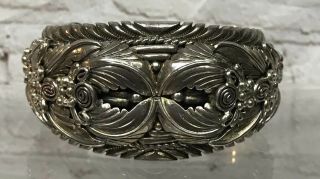 Vintage Navajo Signed Adc Heavy Sterling Silver Leaves Cuff Bracelet