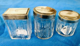 3 French Diamond Cut Crystal Vanity Jars,  W 800poland Sterling Goldwashed Lids.