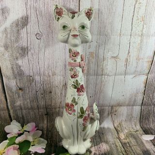 Vtg Midcentury Hand Painted White Floral Long Neck Ceramic Anthropomorphic Cat