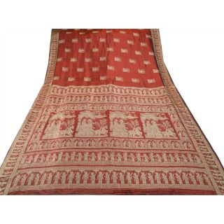 Sanskriti Vintage Red Heavy Saree Pure Silk Craft Fabric Woven Baluchari Sari