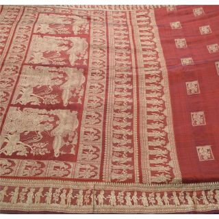 Sanskriti Vintage Red Heavy Saree Pure Silk Craft Fabric Woven Baluchari Sari 3