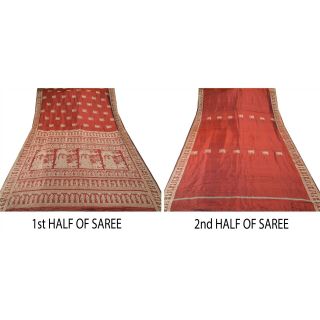 Sanskriti Vintage Red Heavy Saree Pure Silk Craft Fabric Woven Baluchari Sari 7