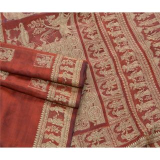 Sanskriti Vintage Red Heavy Saree Pure Silk Craft Fabric Woven Baluchari Sari 8