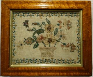 Small Early/mid 19th Century Flower Basket & Butterflies Sampler - C.  1840