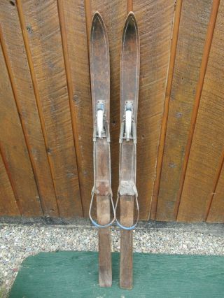 Vintage Wooden 47 " Long Skis Old Wood Finish With Metal Cable Bindings