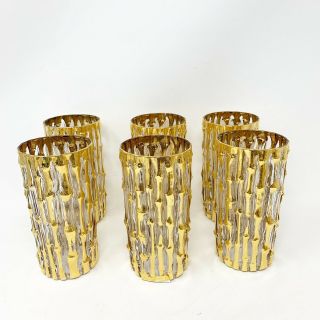 Rare 6 Vtg Imperial Glass Gold Bamboo Highball Tumblers Glasses Tahiti Bambu Mcm