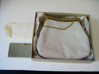 Vintage Whiting & Davis White Metal Mesh Purse W/original Box/ Wrapped Mirror