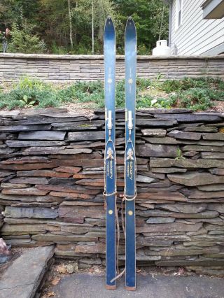 Old Set Of Wooden 75 " Long Blue Skis Signed Mont Blanc With Metal Bindings