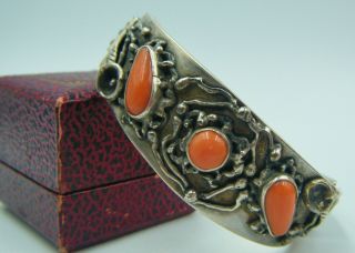 Attractive Antique / Vintage Silver & Italian Naples Red Coral Bangle / Bracelet