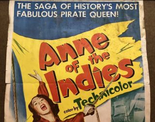 1951 Vtg Anne of the Indies Movie Poster Pirate Queen Sword Fencing Debra Paget 2