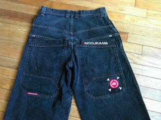 Vintage 90s JNCO Jeans washed Black Wide Leg Crown Spellout Logo sz 33x32 85 3