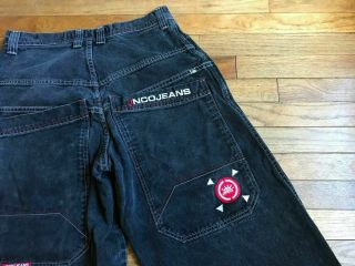 Vintage 90s JNCO Jeans washed Black Wide Leg Crown Spellout Logo sz 33x32 85 5
