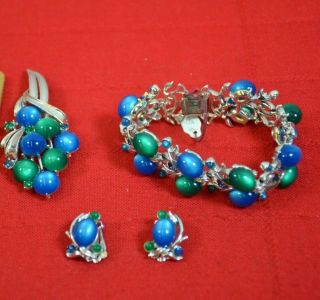 Vintage Coro Jewelry Set Earrings Bracelet Brooch Blue Green Silver Tone 1783