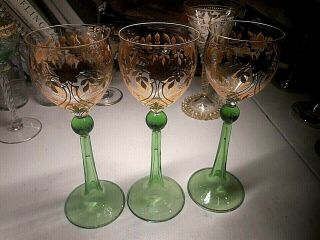 Vintage Bohemian Art Glass - (3) 7 7/8 " Gold Encrusted Green Wine Hocks - Ball Stems