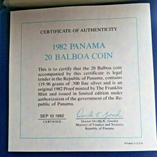 1982 Panama 20 Balboa Silver Proof Coin and,  Rare GEM 5