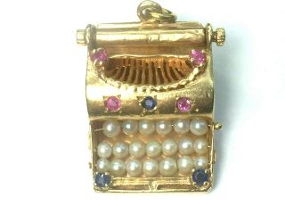 LOVELY antique HEAVY 14K yellow gold RUBY SAPPHIRE PEARL TYPEWRITER charm.  8.  4gm. 2