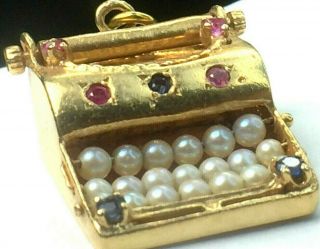 LOVELY antique HEAVY 14K yellow gold RUBY SAPPHIRE PEARL TYPEWRITER charm.  8.  4gm. 9