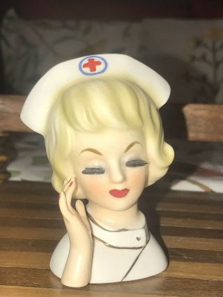 Authentic Vintage Enesco Nurse Lady Head Vase Hard To Find 3 1/2”