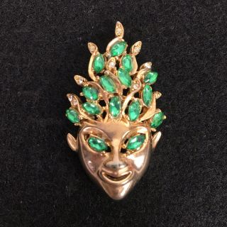 Vintage Reja Face Asian Sprite Mask Gold Green Rhinestone Pin Brooch Unsigned