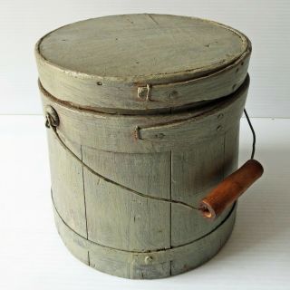 Antique Painted Wood Firkin with Cover & Wire Bail Handle 6 1/2” 11