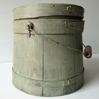 Antique Painted Wood Firkin With Cover & Wire Bail Handle 6 1/2”