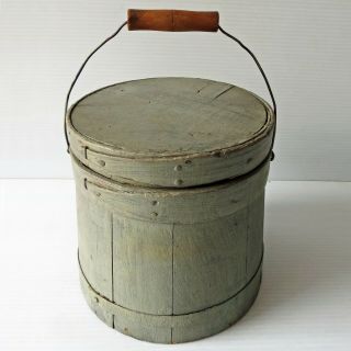 Antique Painted Wood Firkin with Cover & Wire Bail Handle 6 1/2” 2