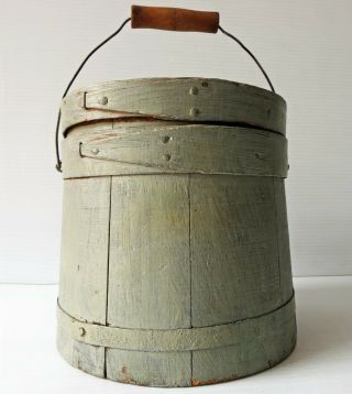 Antique Painted Wood Firkin with Cover & Wire Bail Handle 6 1/2” 5