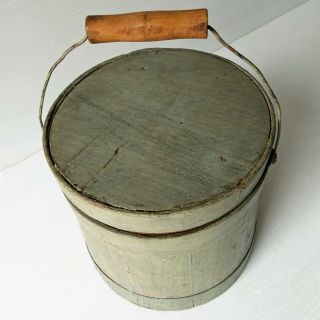 Antique Painted Wood Firkin with Cover & Wire Bail Handle 6 1/2” 6