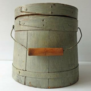 Antique Painted Wood Firkin with Cover & Wire Bail Handle 6 1/2” 7