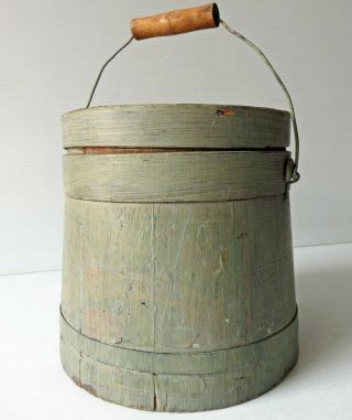 Antique Painted Wood Firkin with Cover & Wire Bail Handle 6 1/2” 9