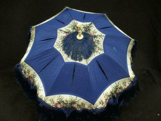 Antique French Fashion Doll Parasol Royal Blue Silk Carved Handle,  19 " Long
