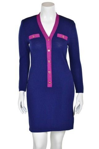Vtg St John V - Neck Santana Knit Dress 8,  Marine Blue / Fuchsia