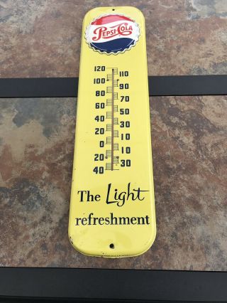 Large 1956 Vintage Pepsi " The Light Refreshment " Metal Sign Thermometer