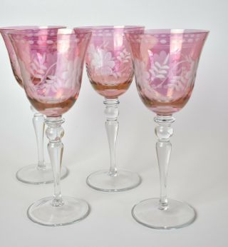 Vintage Cranberry Cut To Clear Finely Cut Wine Glasses Set Of 4 Goblets
