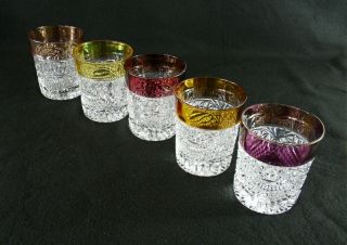 Rare Antique Baccarat Crystal Set 5 X Whiskey Tumbler W/ Multi - Colored Wide Rims